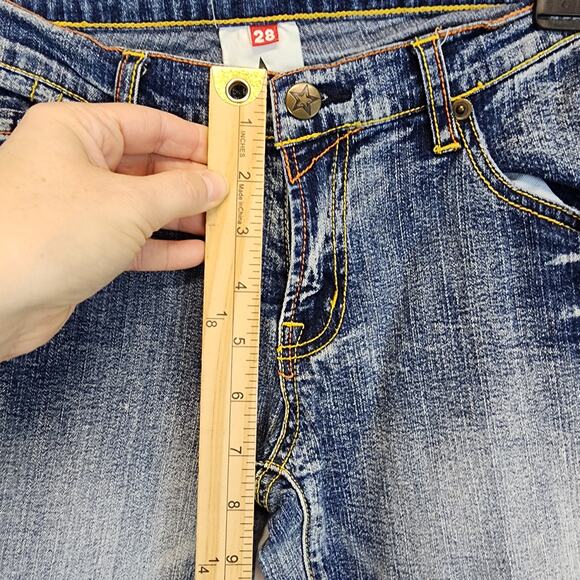 TSTARB Bootcut Jeans Size 28x33 Distressed Yellow Bird Embroidered Back Pockets - Picture 10 of 13